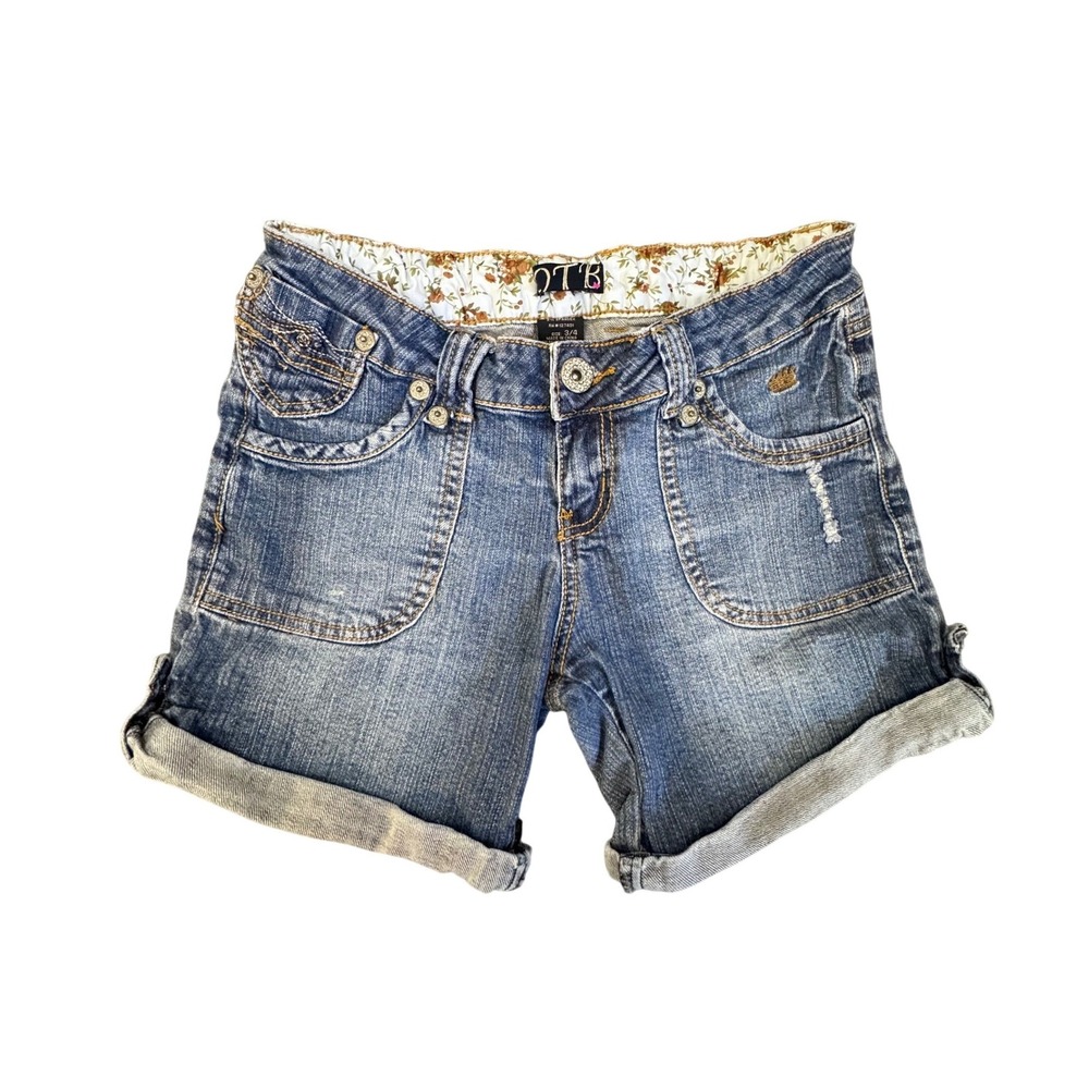 OTB Blue Denim Shorts Floral Waistband Crown Embroidery Cuffed Size 3/4